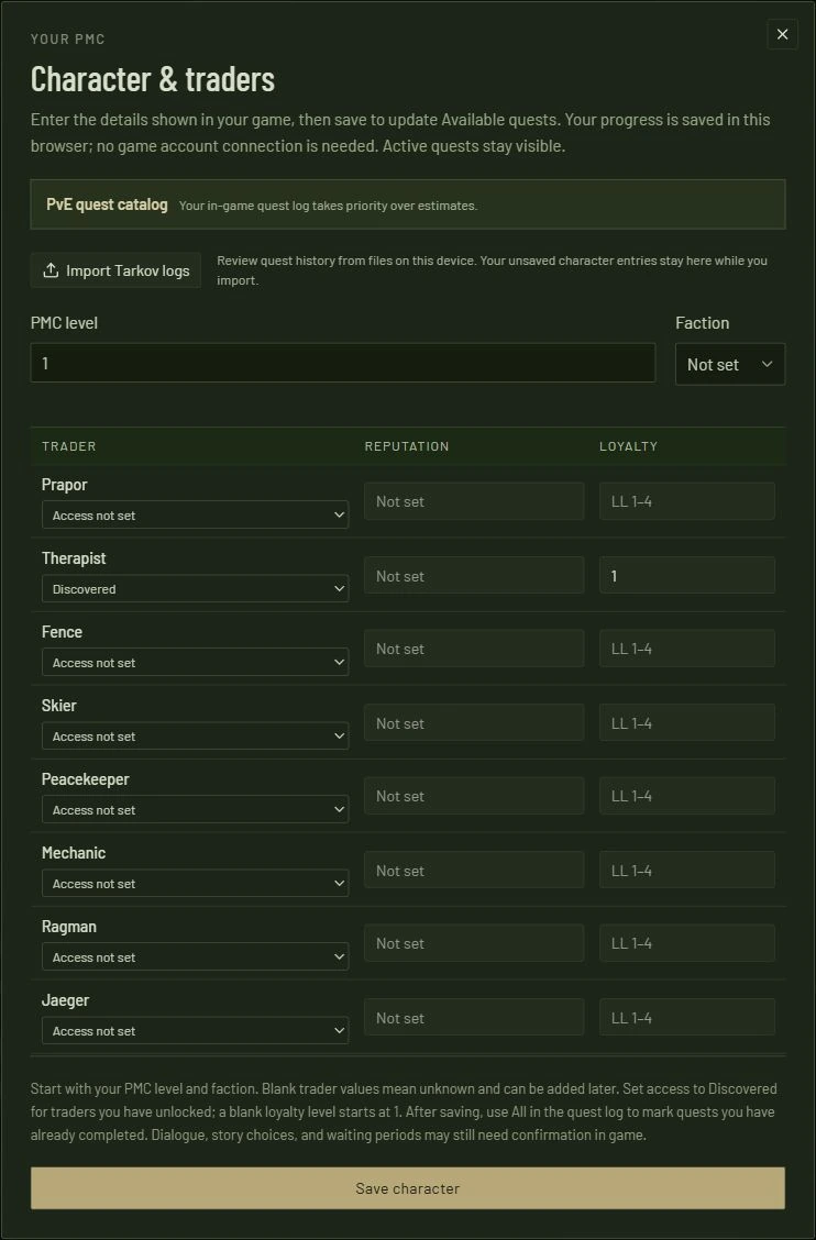 Character & traders in EFT Raid Planner, with an Import Tarkov logs button above the manual PMC level, faction, trader reputation and loyalty fields.