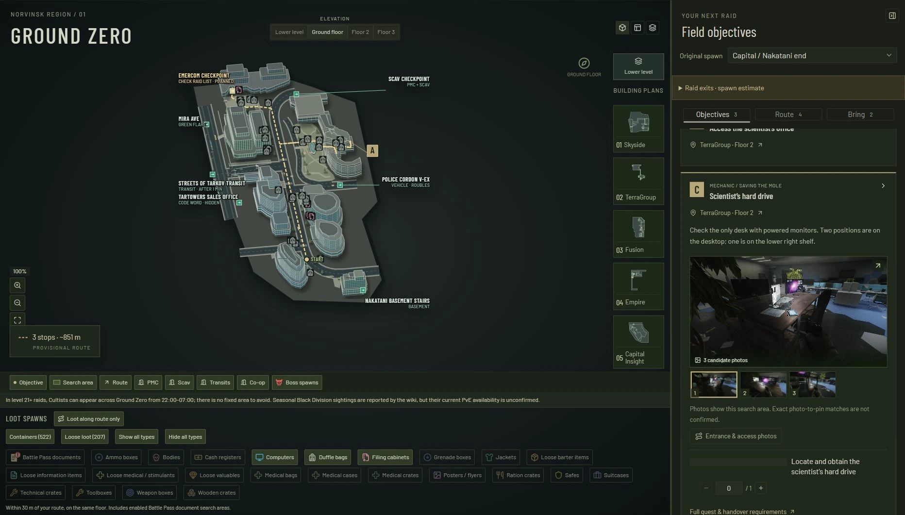Ground Zero in EFT Raid Planner, showing a Saving the Mole quest route, the scientist’s hard drive location and nearby loot with the Loot along route only filter enabled.