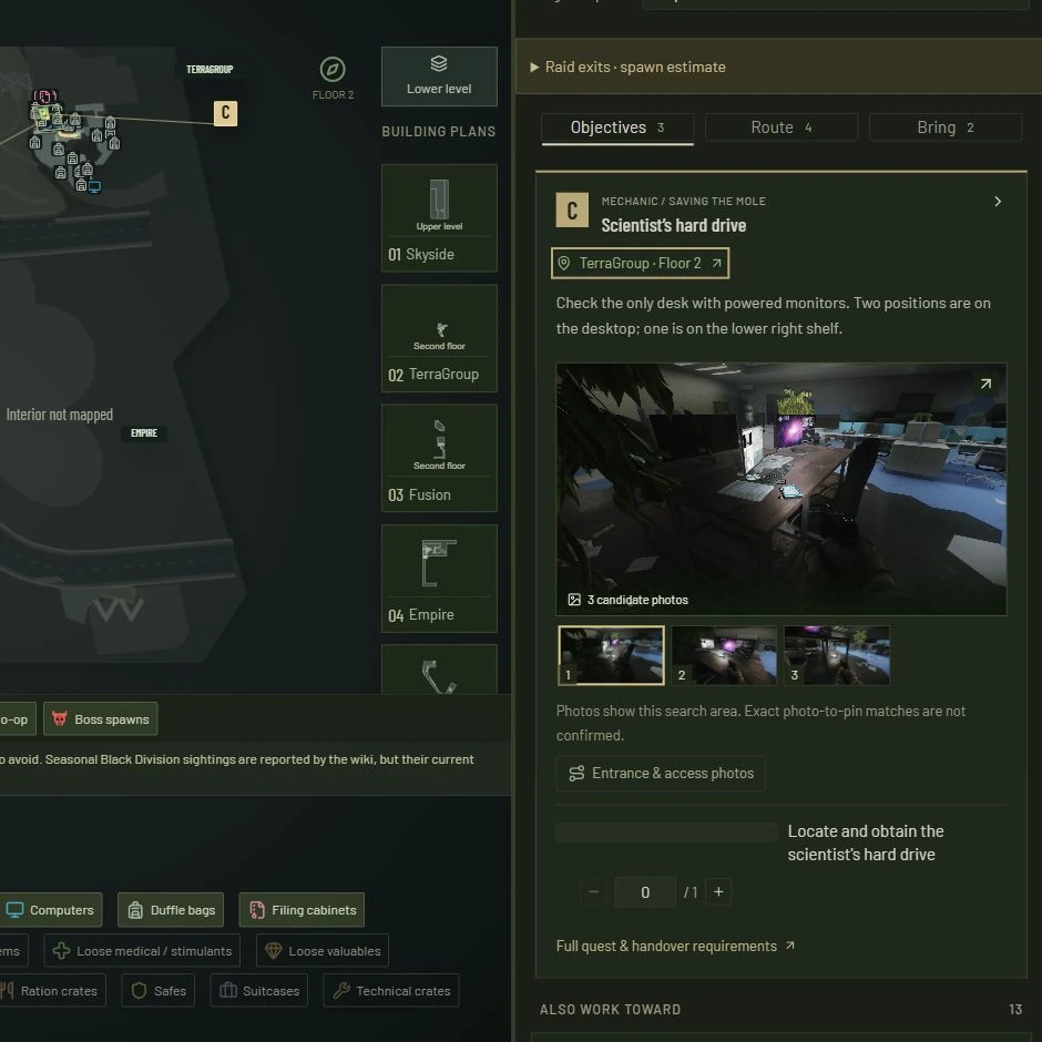The scientist’s hard drive objective expanded beside TerraGroup’s Floor 2 map, with pickup directions and three candidate in-game locations.